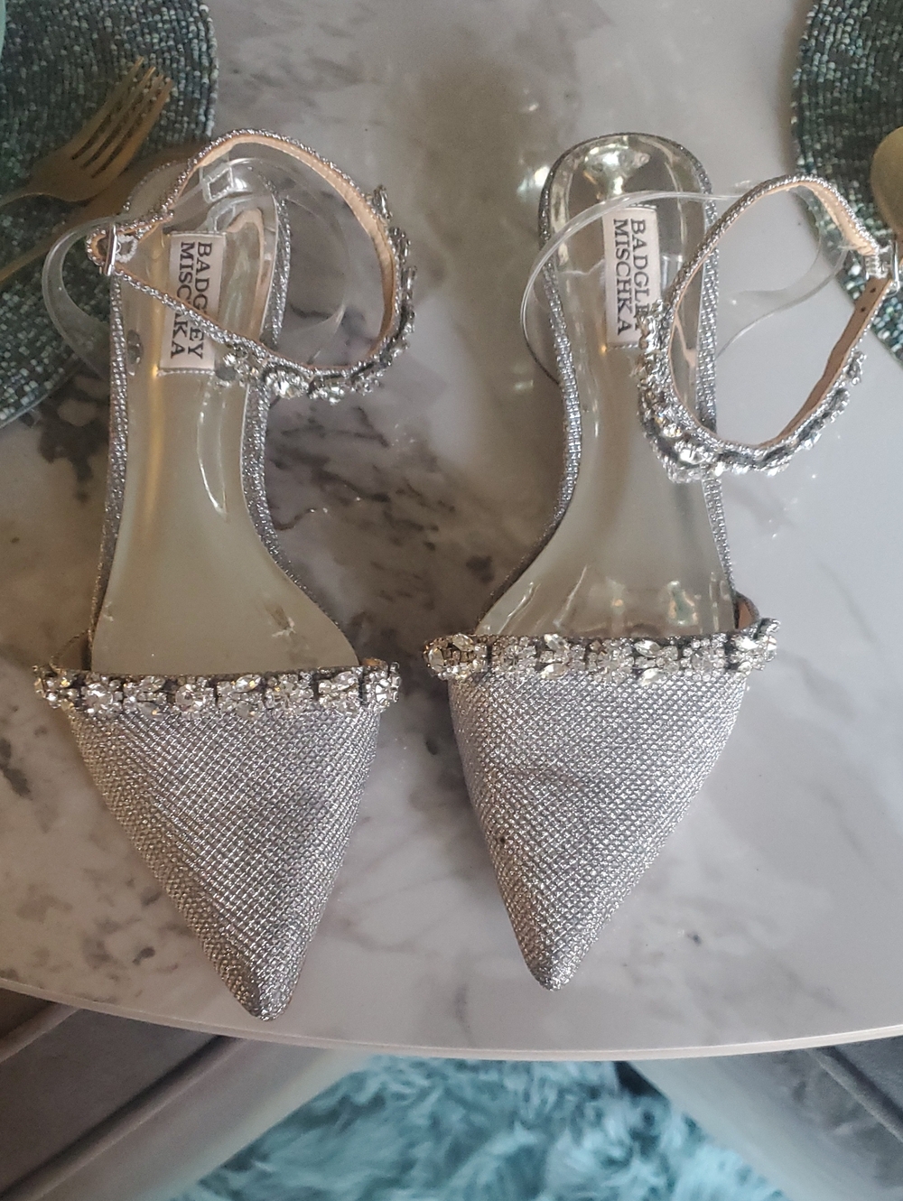 Badgley Mischka Silver Crystal-Trim Pointed-Toe Ankle-Strap Heels